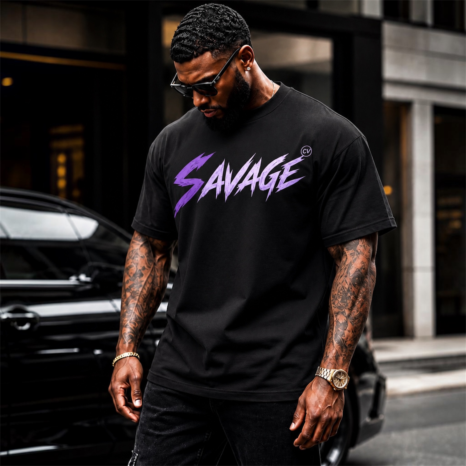 Savage Graphic Premium Max Heavyweight T-Shirt — Retro Purple Gradient Streetwear Tee
