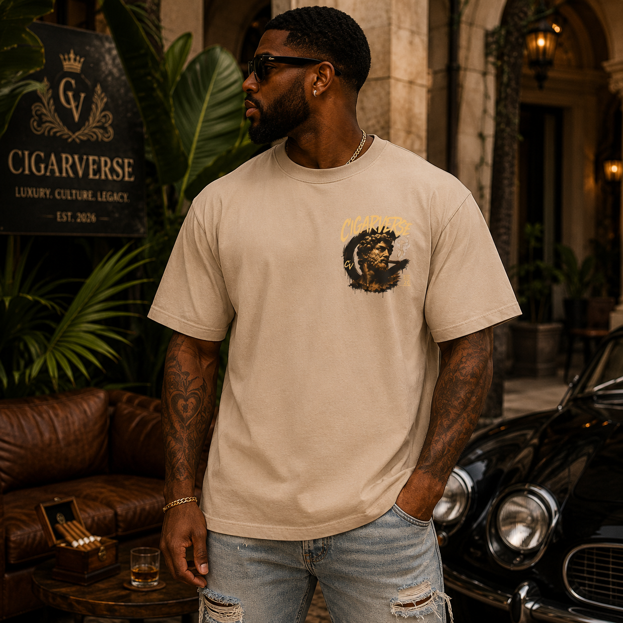 Premium Max Heavyweight CigarVerse Graphic T-Shirt — Tropical Graffiti Logo Tee