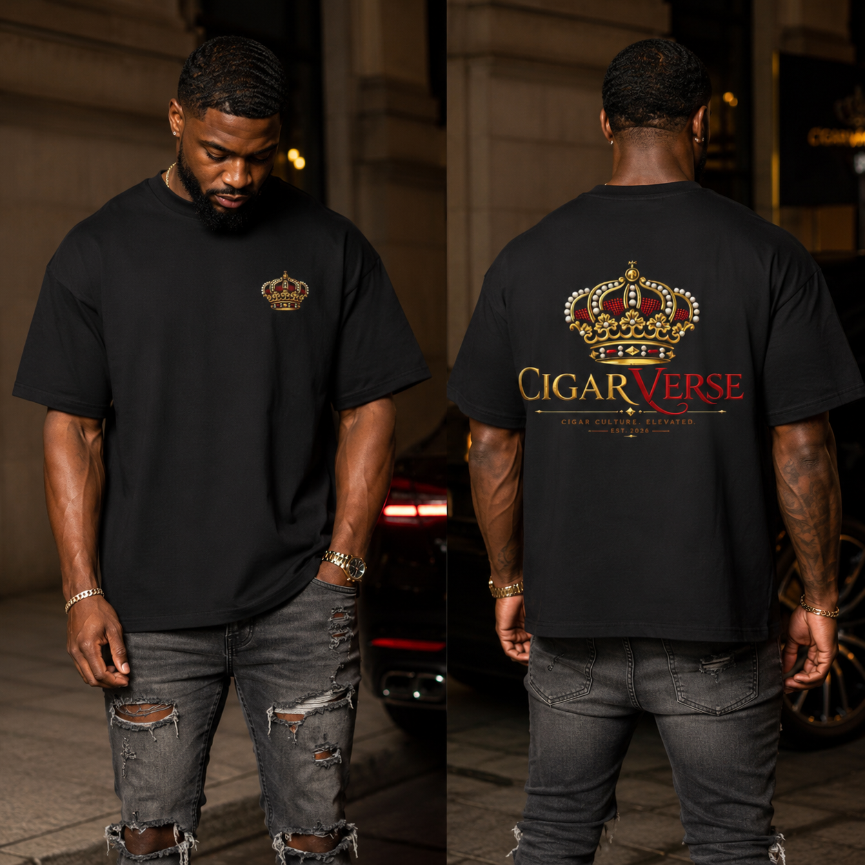 Oversized Premium Max Heavyweight CigarVerse Crown T-Shirt — Vintage Luxury Logo Tee for Cigar Enthusiasts