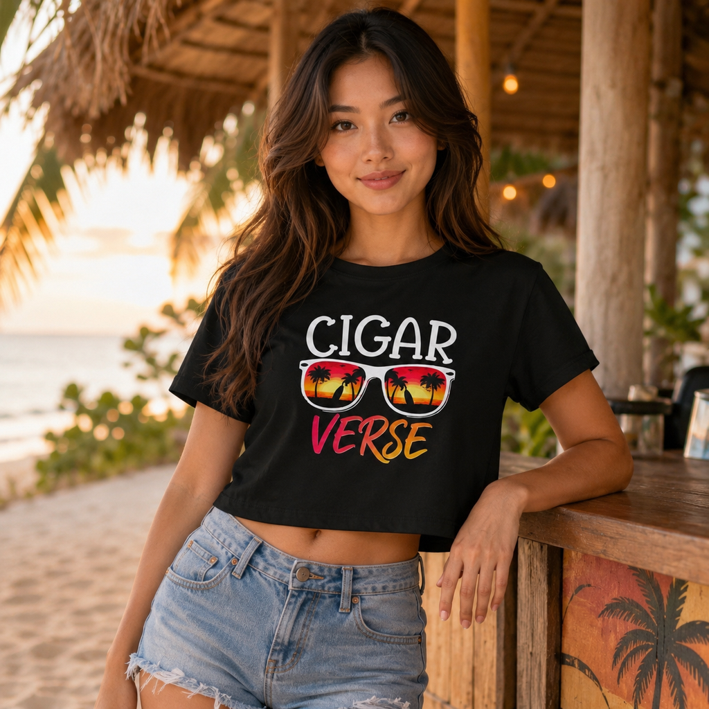 Cigar Verse Crop Tee — Retro Sunglasses Tropical Graphic Women’s Crop Top