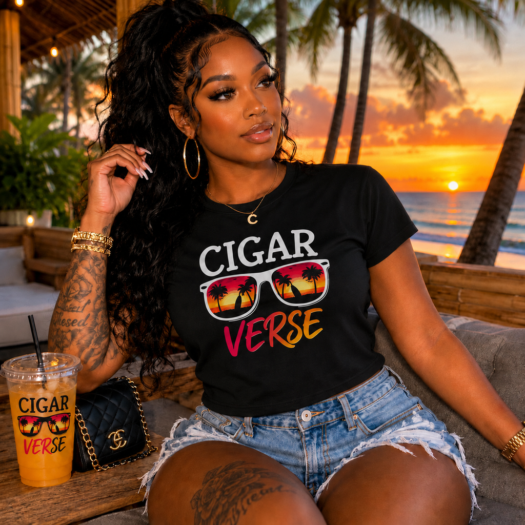 Cigar Verse Crop Tee — Retro Sunglasses Tropical Graphic Women’s Crop Top