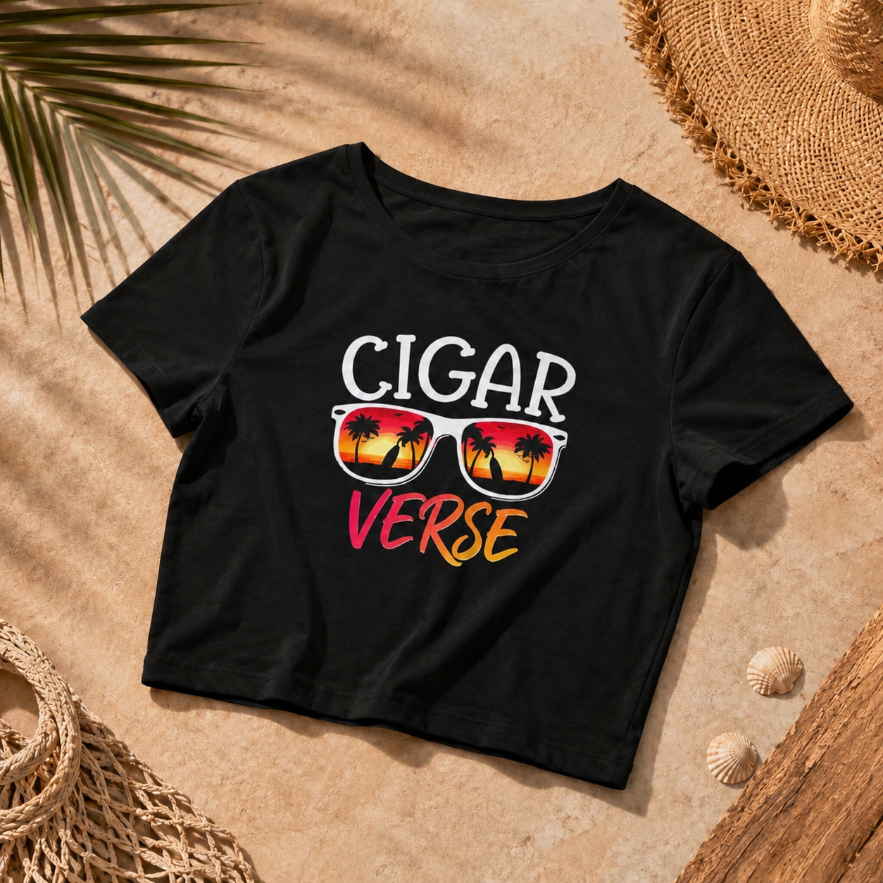 Cigar Verse Crop Tee — Retro Sunglasses Tropical Graphic Women’s Crop Top
