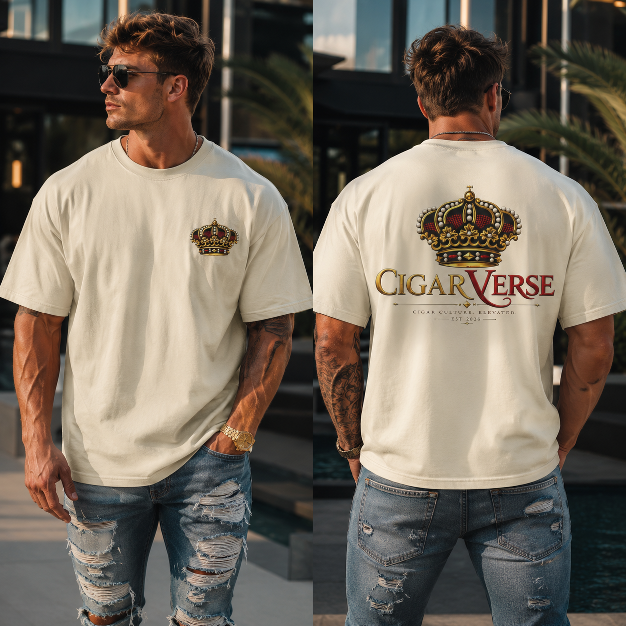 Oversized Premium Max Heavyweight CigarVerse Crown T-Shirt — Vintage Luxury Logo Tee for Cigar Enthusiasts