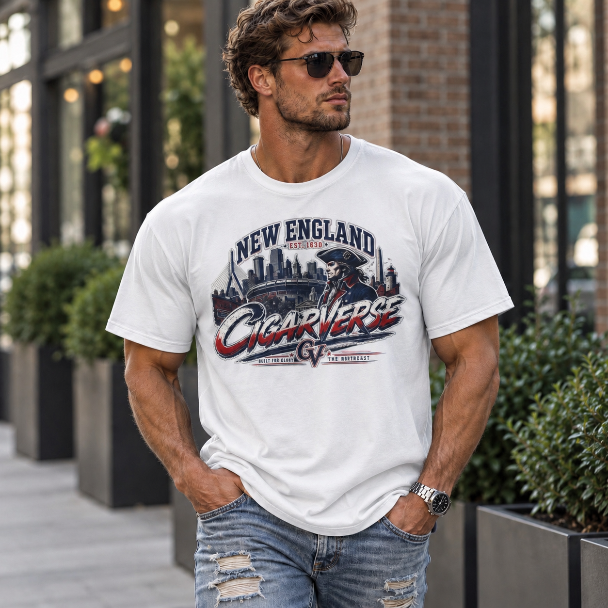 Unisex CIGARVERSE New England T-Shirt — 'NEW ENGLAND CIGARVERSE ' Skyline Graphic Tee