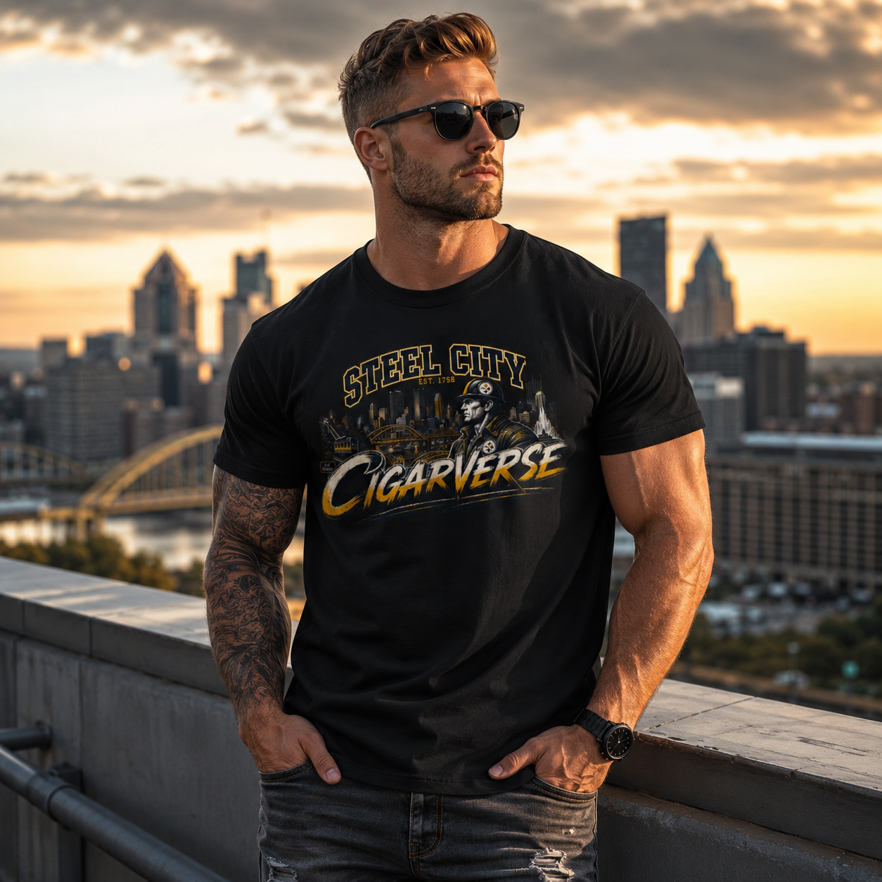 Unisex Steel City Cigarverse Tee — Vintage Skyline Graphic T‑Shirt for Cigar Lovers
