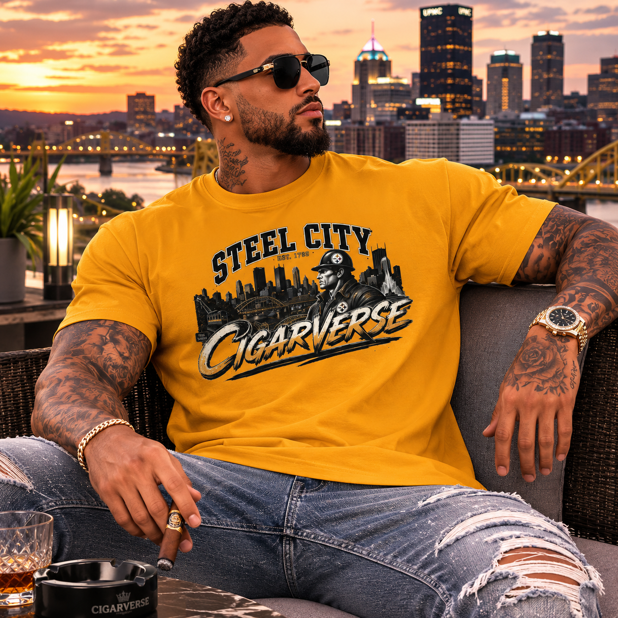 Unisex Steel City Cigarverse Tee — Vintage Skyline Graphic T‑Shirt for Cigar Lovers