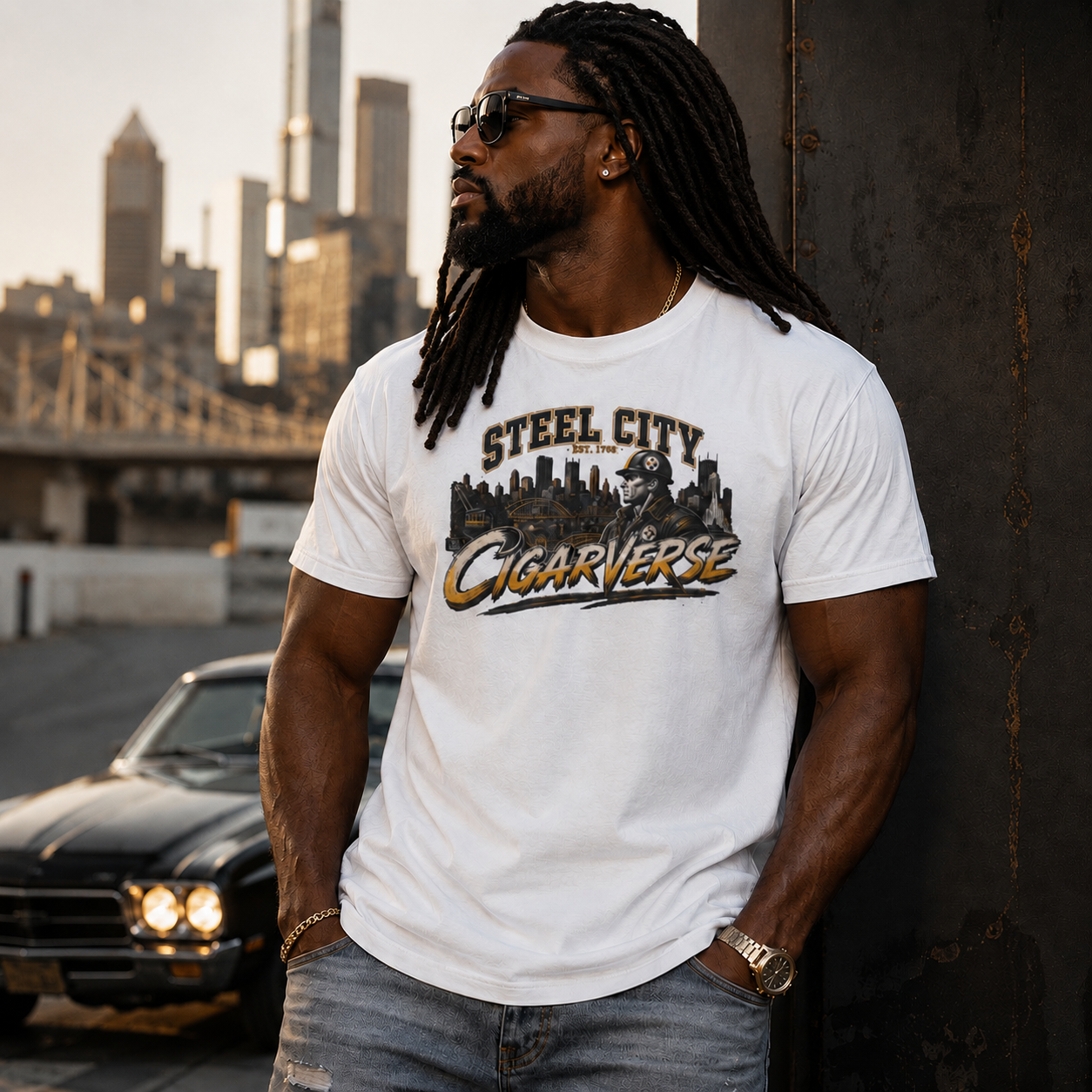 Unisex Steel City Cigarverse Tee — Vintage Skyline Graphic T‑Shirt for Cigar Lovers