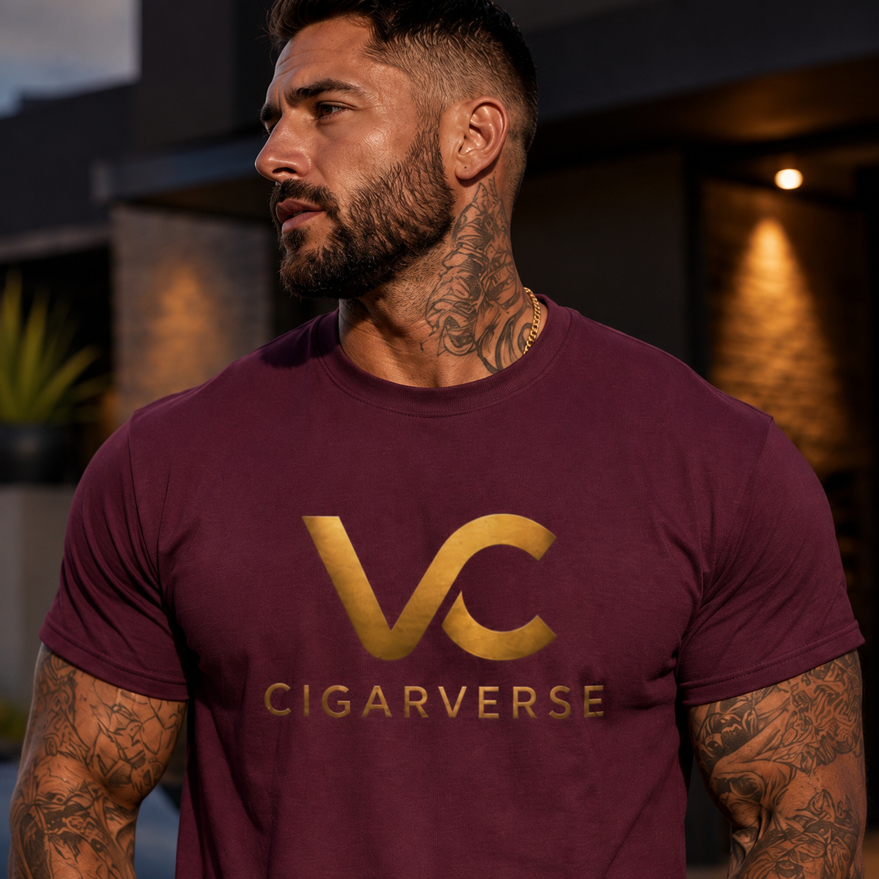 Unisex Gold Logo CIGARVERSE T-Shirt — Men's Burgundy Cotton T‑Shirt