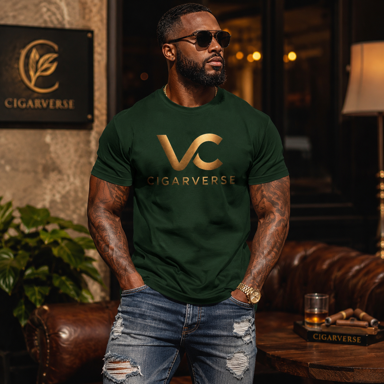 Unisex Gold Logo CIGARVERSE T-Shirt — Men's Burgundy Cotton T‑Shirt