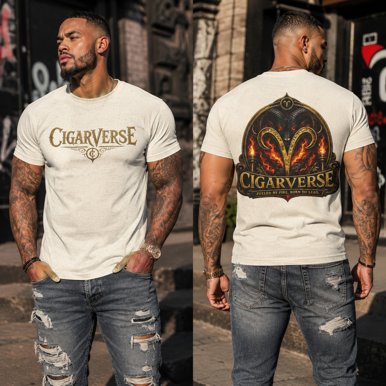 Aries Logo CIGARVERSE Graphic Tee — Vintage Logo & Fiery Back Art