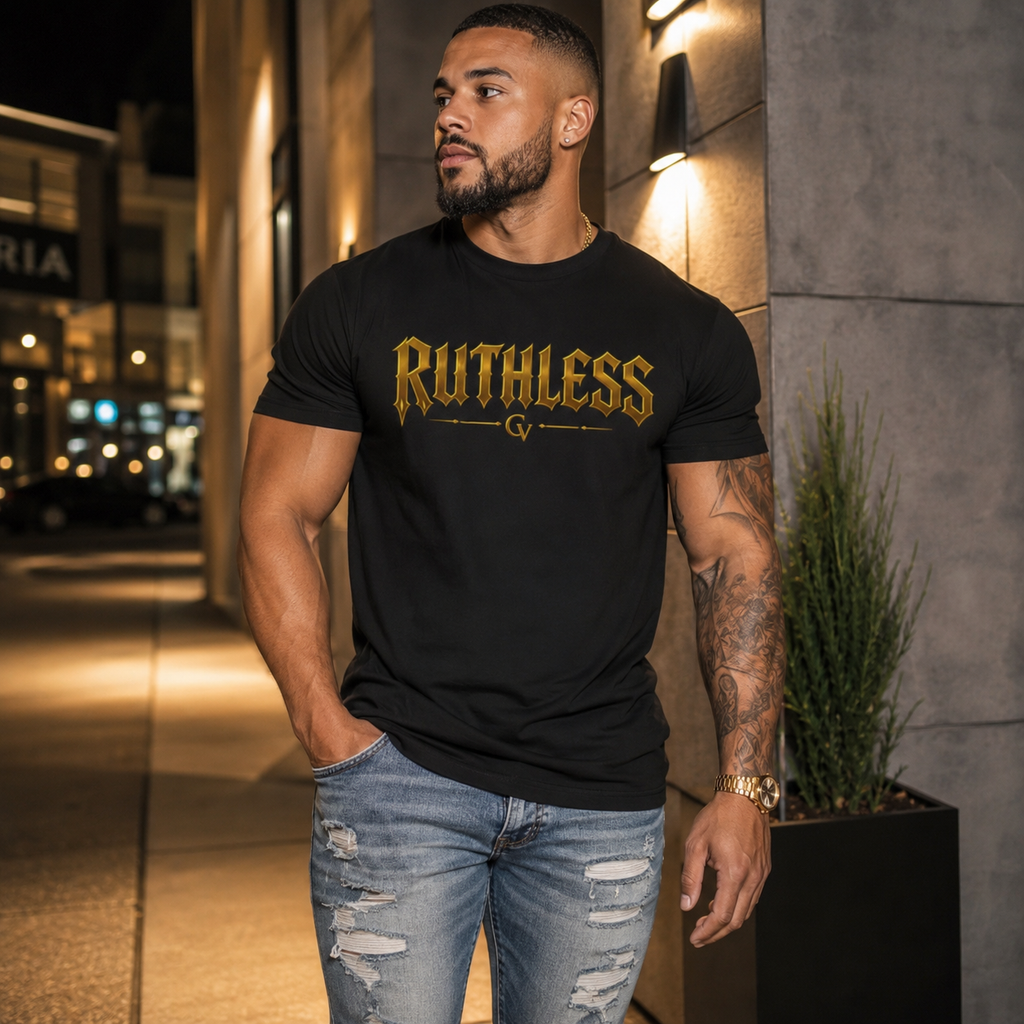 Unisex Ruthless Logo CIGARVERSE Gothic Graphic Tee — Gold Lettering Band-Style Shirt
