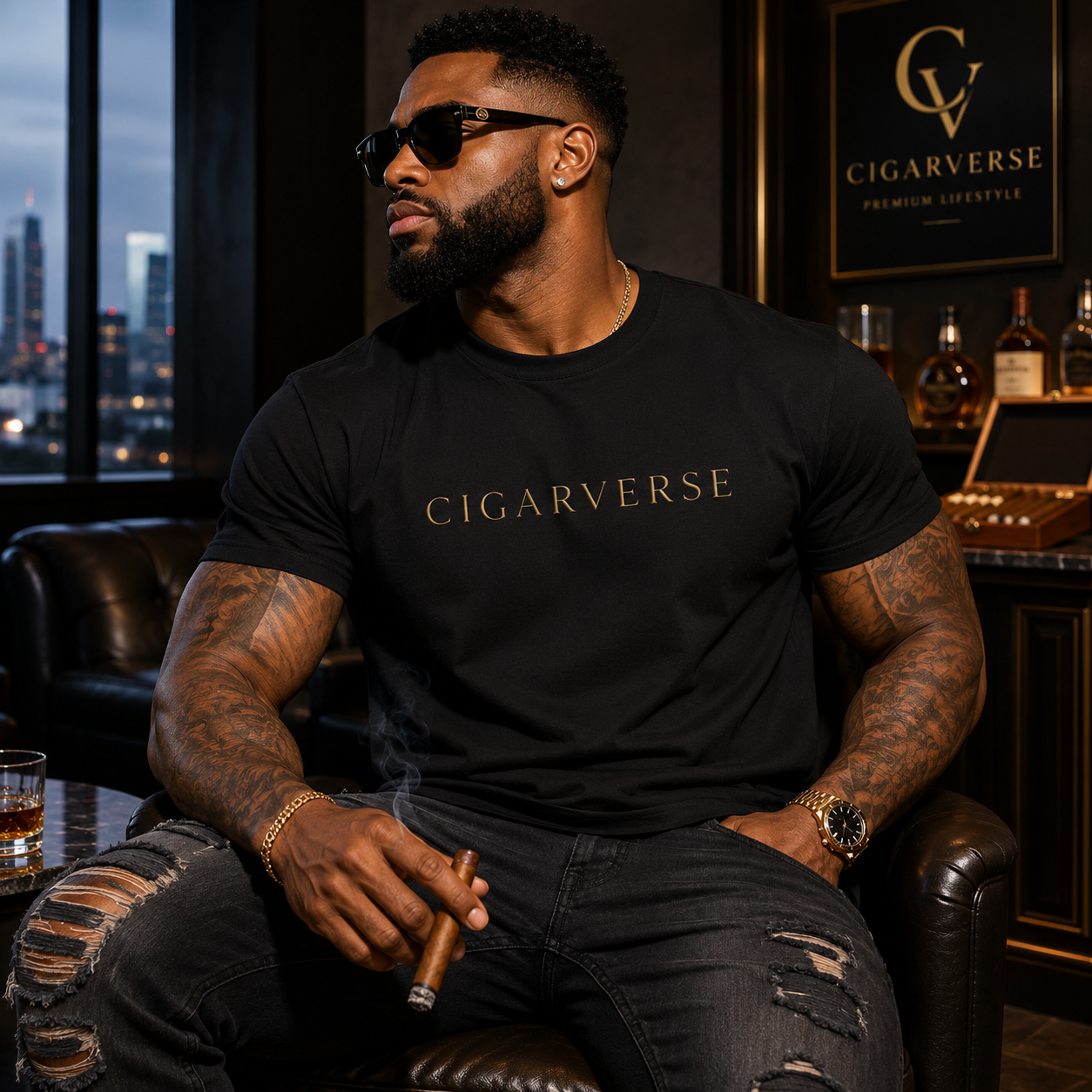 Gold Logo CIGARVERSE Tee — Minimalist Gold Logo Short-Sleeve T-Shirt for Cigar Enthusiasts