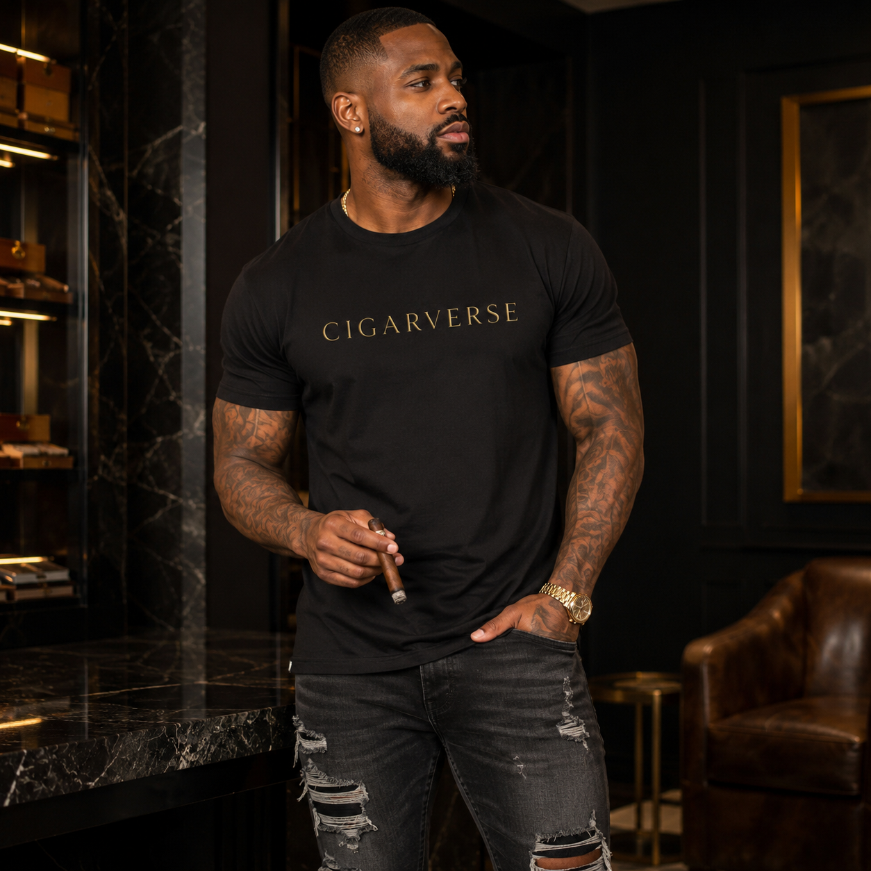 Gold Logo CIGARVERSE Tee — Minimalist Gold Logo Short-Sleeve T-Shirt for Cigar Enthusiasts