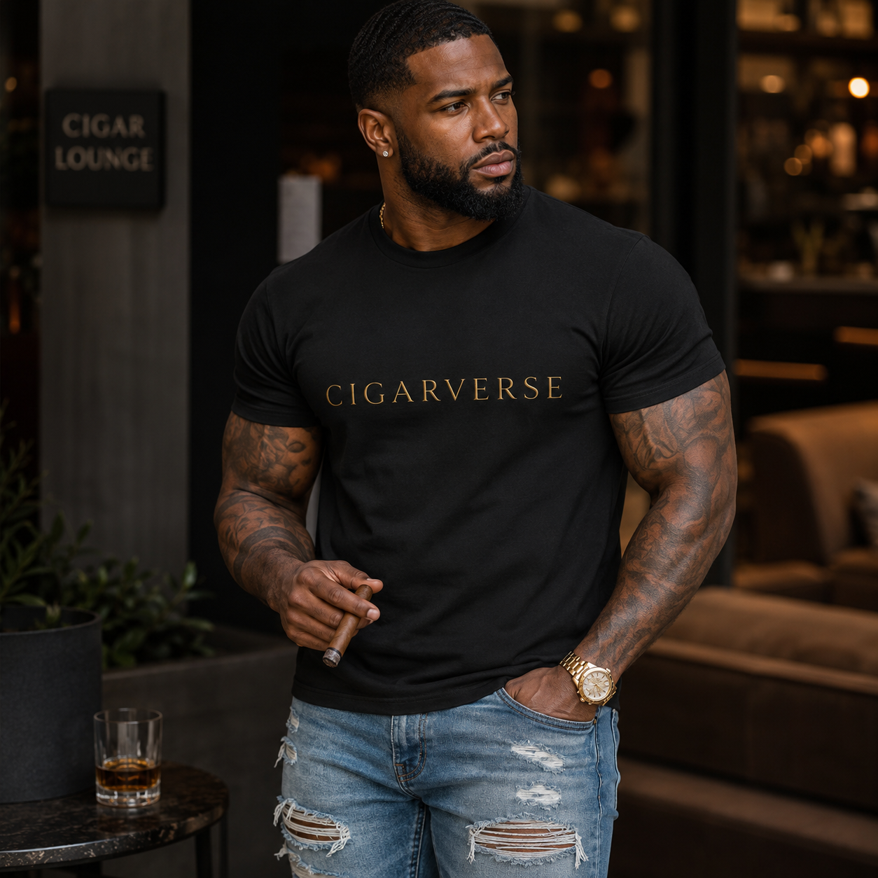 Gold Logo CIGARVERSE Tee — Minimalist Gold Logo Short-Sleeve T-Shirt for Cigar Enthusiasts