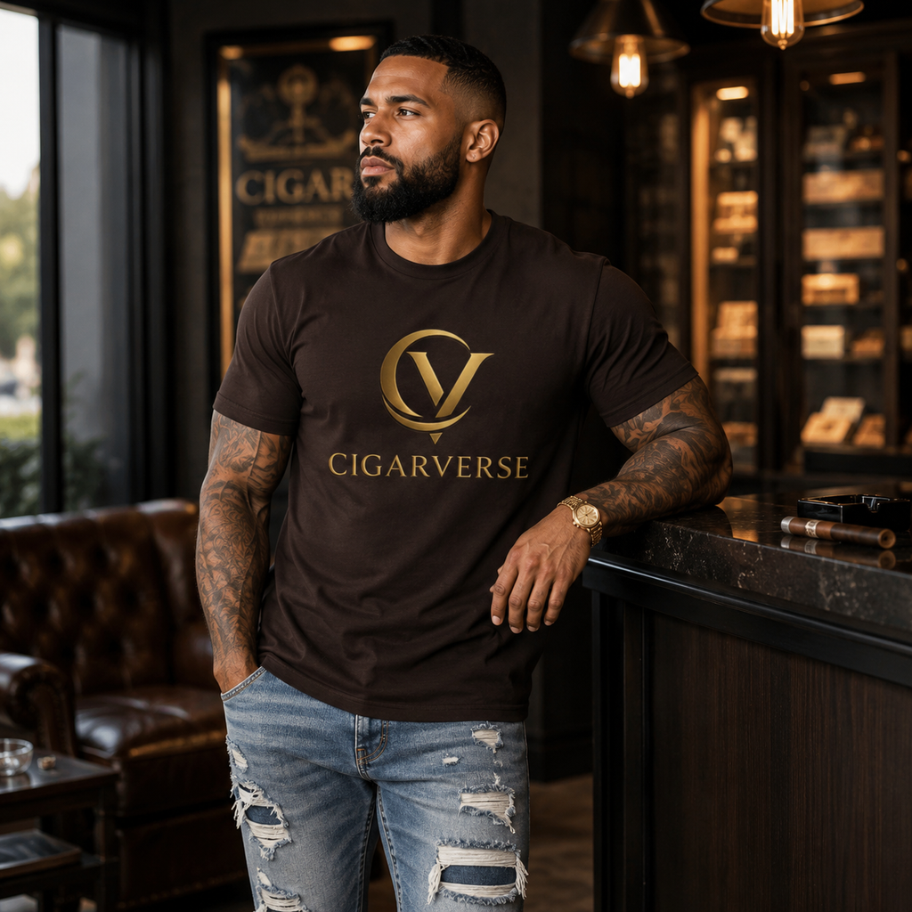 CIGARVERSE Gold Logo T‑Shirt — Men’s Dark Chocolate Gold Emblem Tee