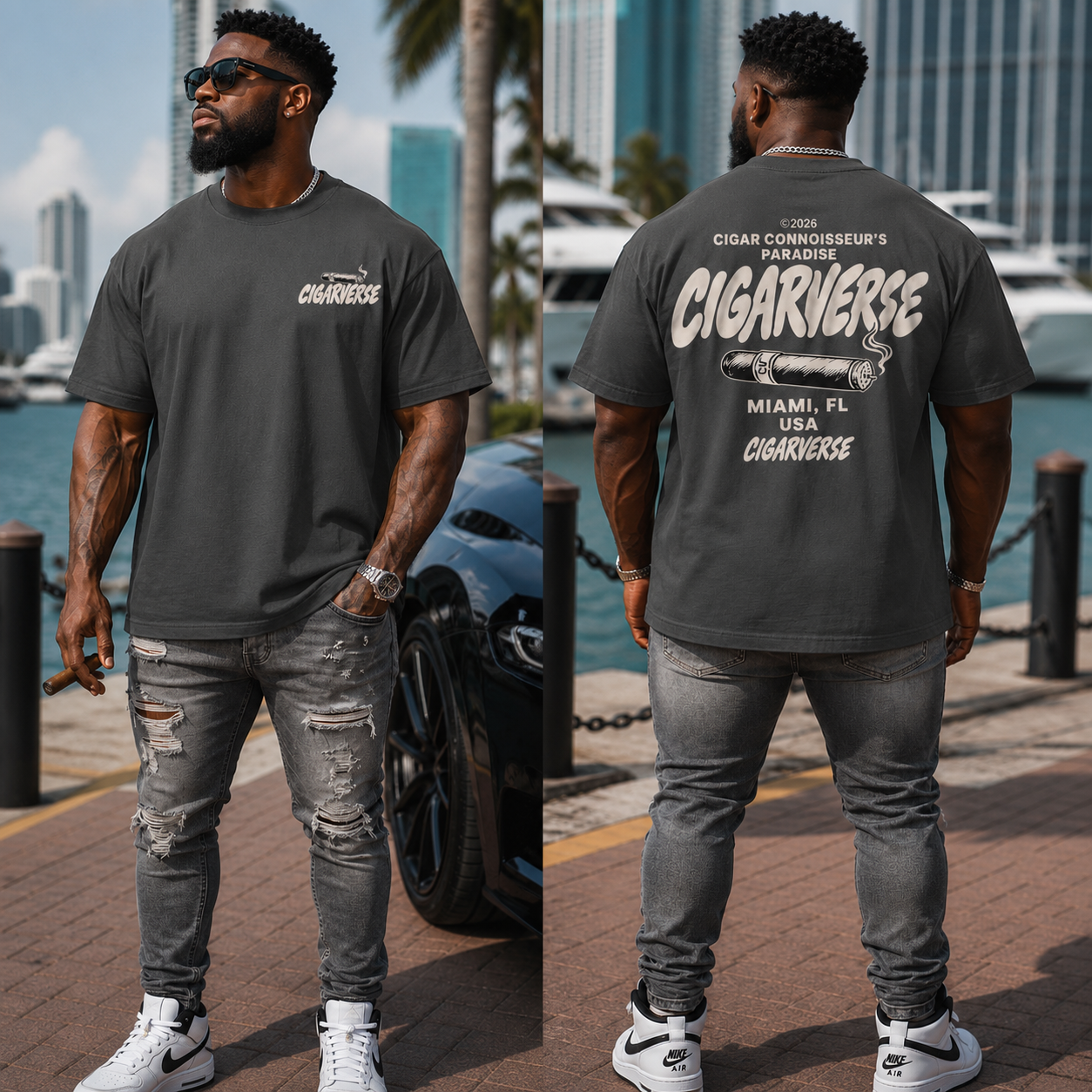 Oversized Premium Max Heavyweight CIGARVERSE Graphic T-Shirt — 'Cigar Connoisseur's Paradise' Chest & Back Print