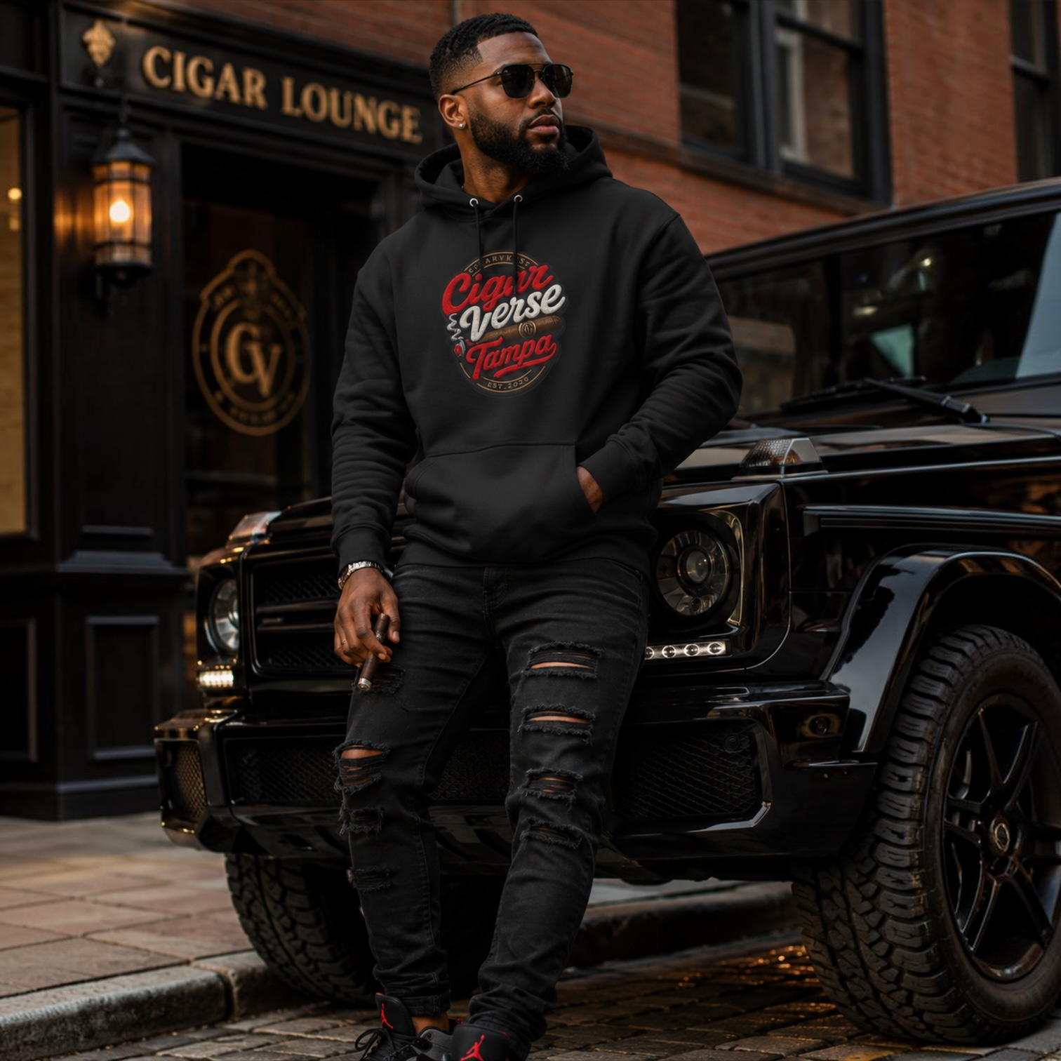 Cigar Verse Tampa Hoodie — Retro Script Logo Fleece Pullover