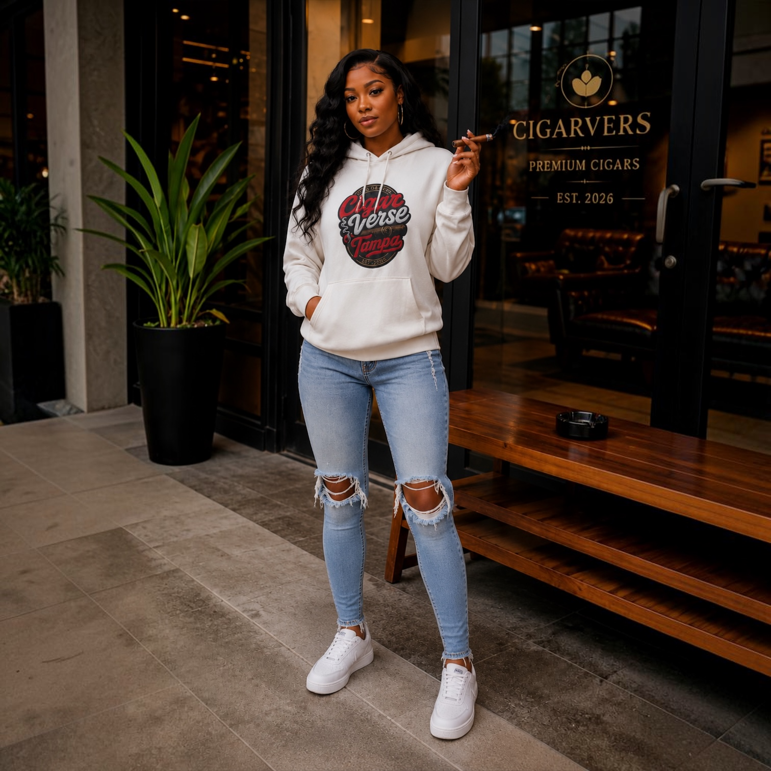 Cigar Verse Tampa Hoodie — Retro Script Logo Fleece Pullover