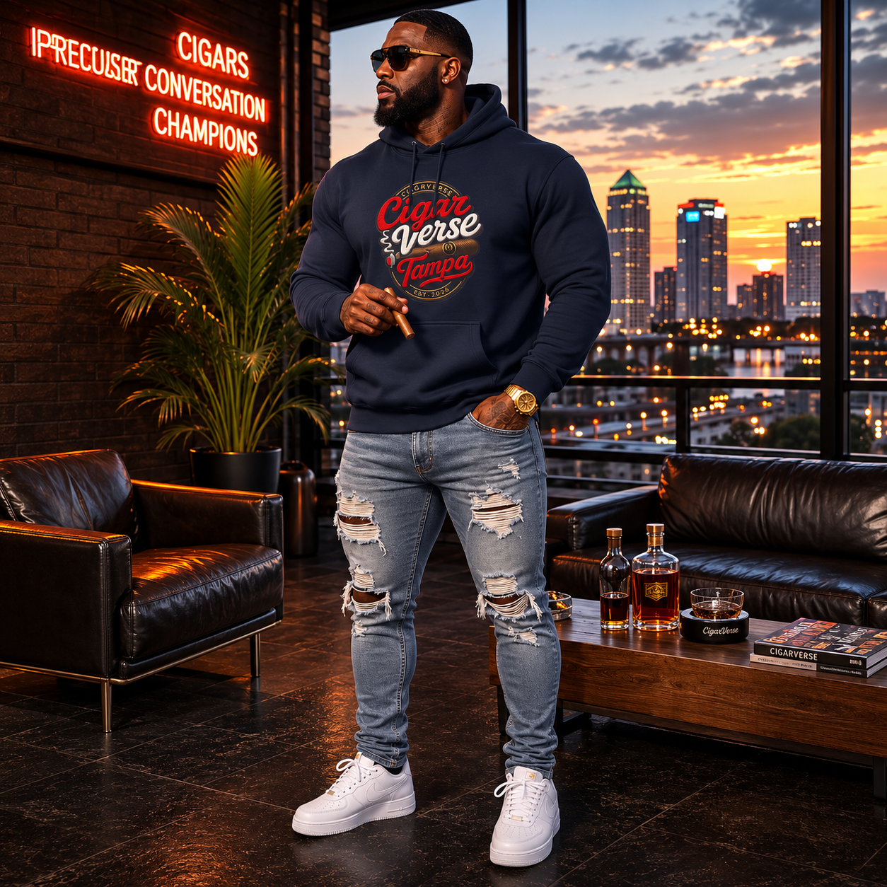 Cigar Verse Tampa Hoodie — Retro Script Logo Fleece Pullover