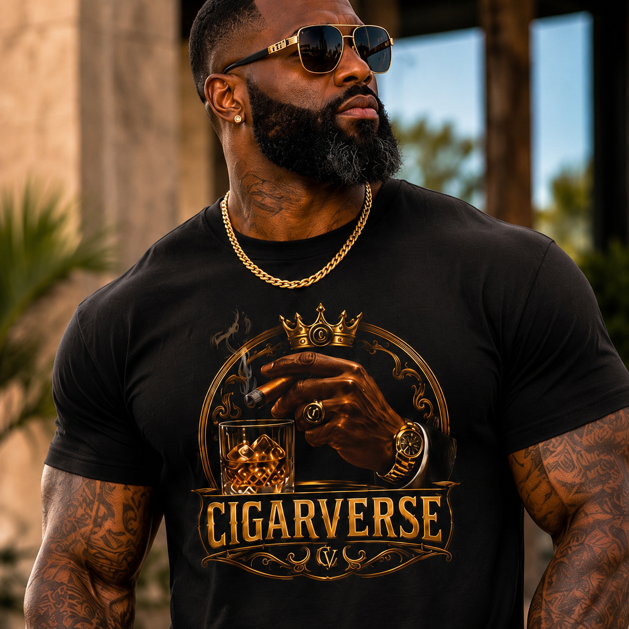 Cigarverse Graphic Tee – Vintage Crowned Cigar & Whiskey Design