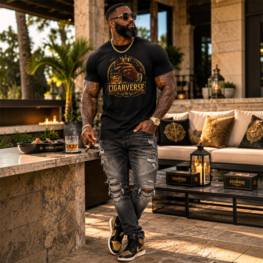Cigarverse Graphic Tee – Vintage Crowned Cigar & Whiskey Design