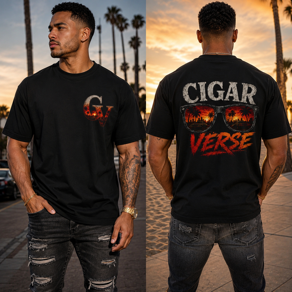 Cigar Verse Graphic Tee — Retro Sunglasses & Sunset Smoke T-Shirt