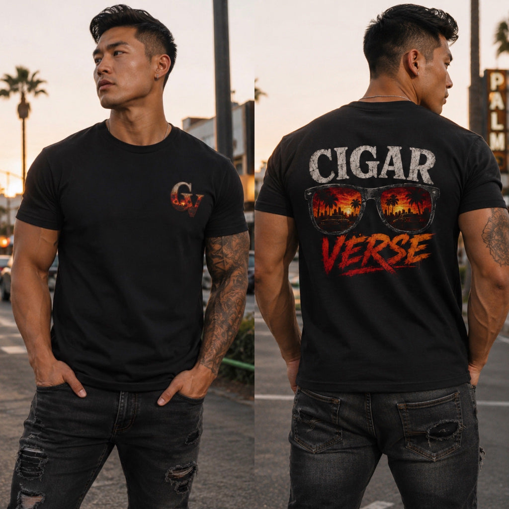 Cigar Verse Graphic Tee — Retro Sunglasses & Sunset Smoke T-Shirt