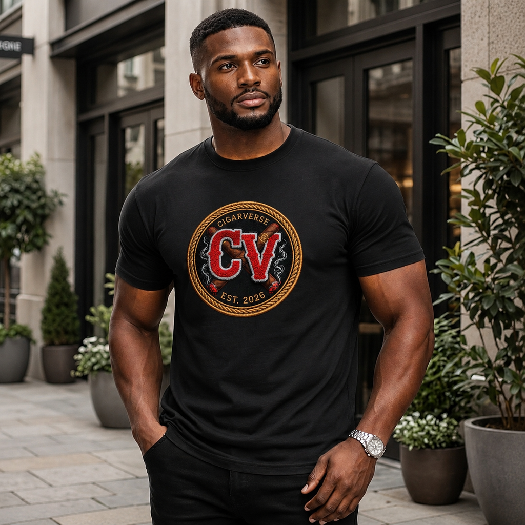 CigarVerse Emblem Heavyweight Tee — Vintage Red & Gold Patch Chest Logo