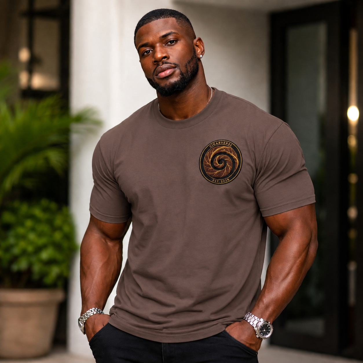 Heavyweight Earthtone Spiral Logo Tee — Rustic Chest-Print Graphic Tee
