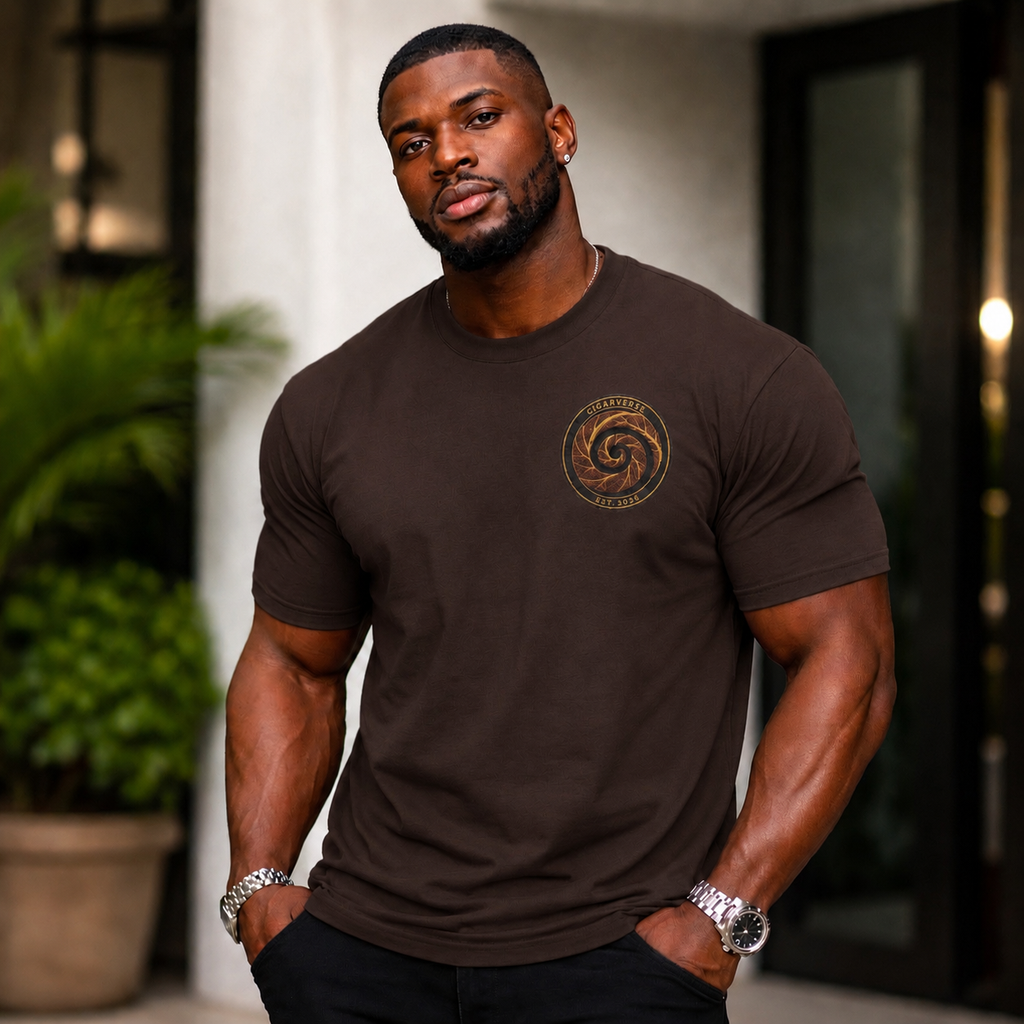 Spiral Tobacco Leaf Chest Logo Tee — Rustic Brown Graphic T-Shirt