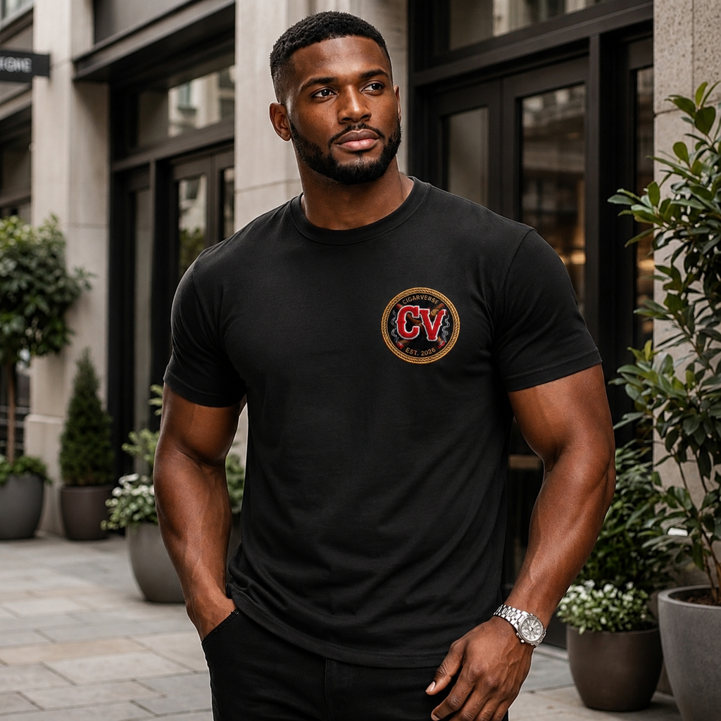 CV Patch Black Cotton Tee — Vintage College Crew Logo Shirt