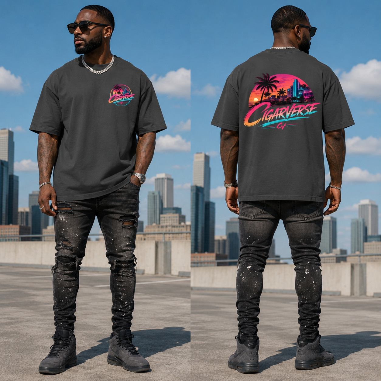 Oversized CIGARVERSE Premium Retro Miami T-Shirt — Neon Sunset Palm Beach Graphic