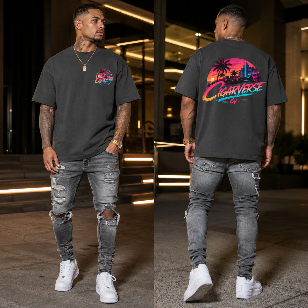 Oversized CIGARVERSE Premium Retro Miami T-Shirt — Neon Sunset Palm Beach Graphic