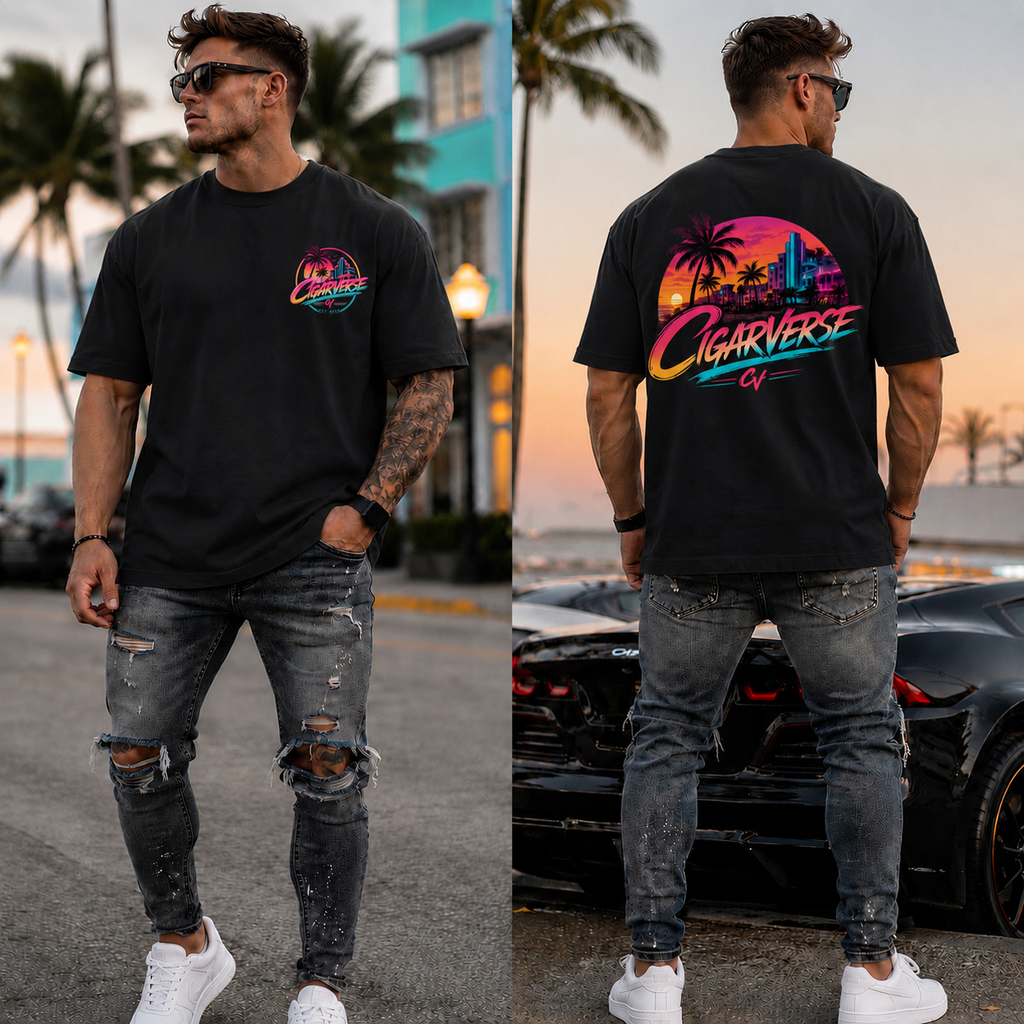 Oversized Premium CIGARVERSE Retro Vaporwave T-Shirt — "CIGARVERSE" Neon Miami Sunset Tee
