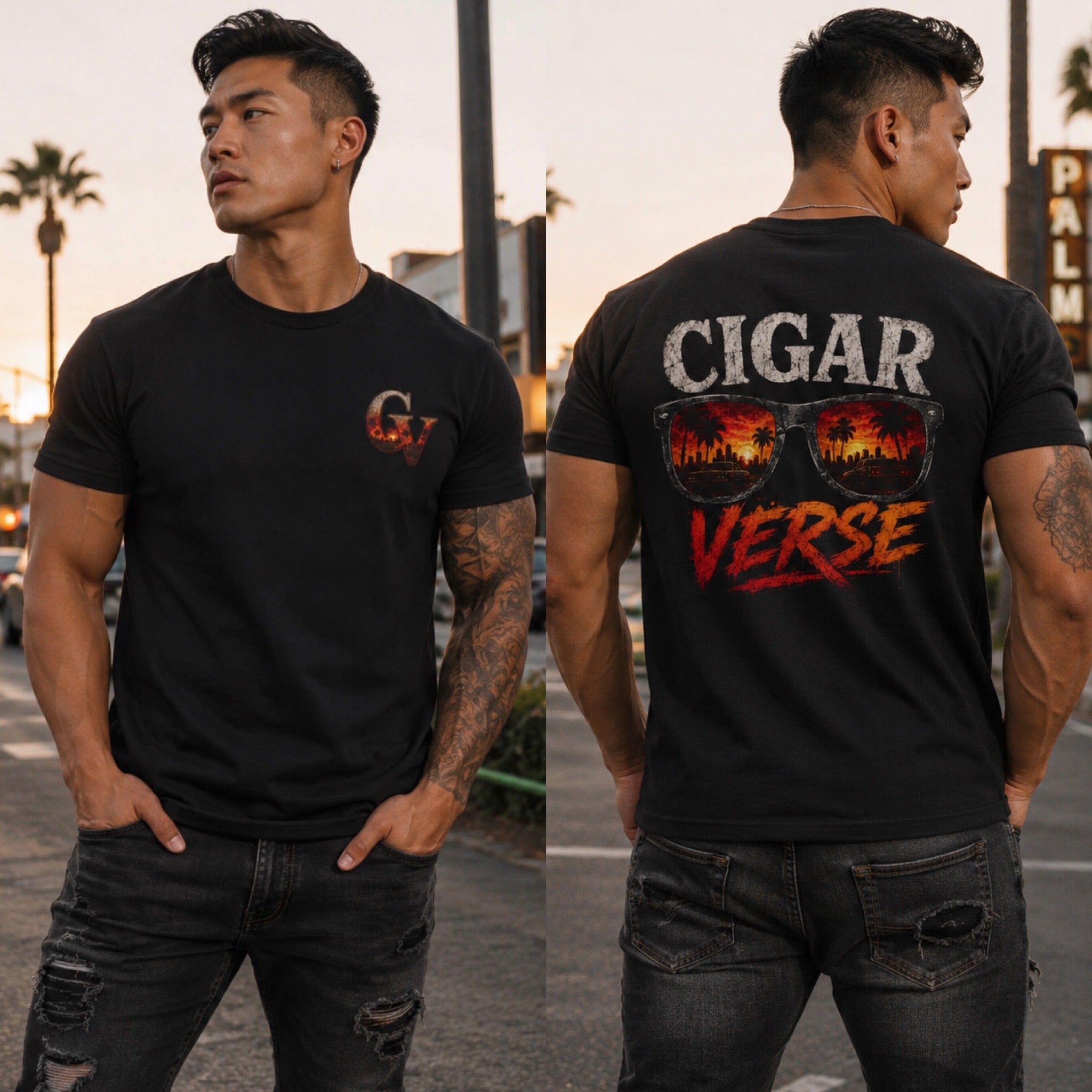 Cigar Verse Graphic Tee — Retro Sunglasses & Sunset Smoke Shirt