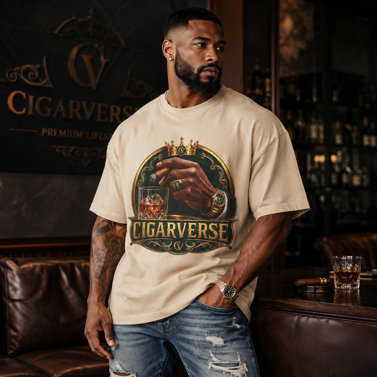 Oversized CIGARVERSE Max Heavyweight Graphic T-Shirt — Vintage Whiskey & Cigar Lounge Tee