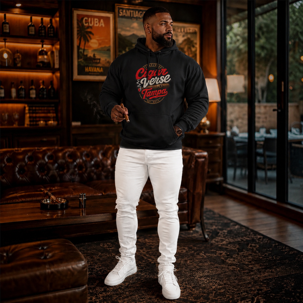 Cigar Verse Tampa Hoodie — Retro Script Logo Fleece Pullover