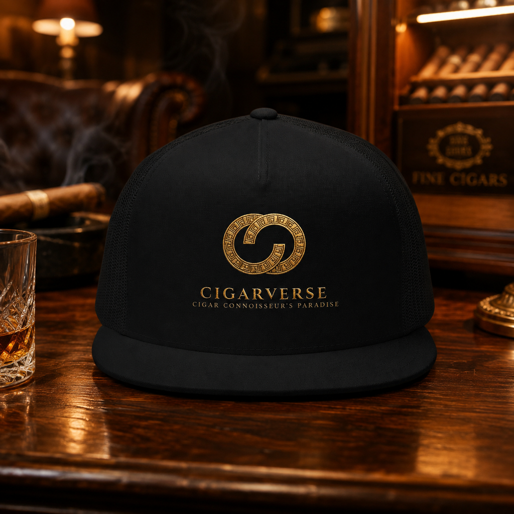 Cigarverse Gold Logo Trucker Cap — Luxury Cigar Enthusiast Hat
