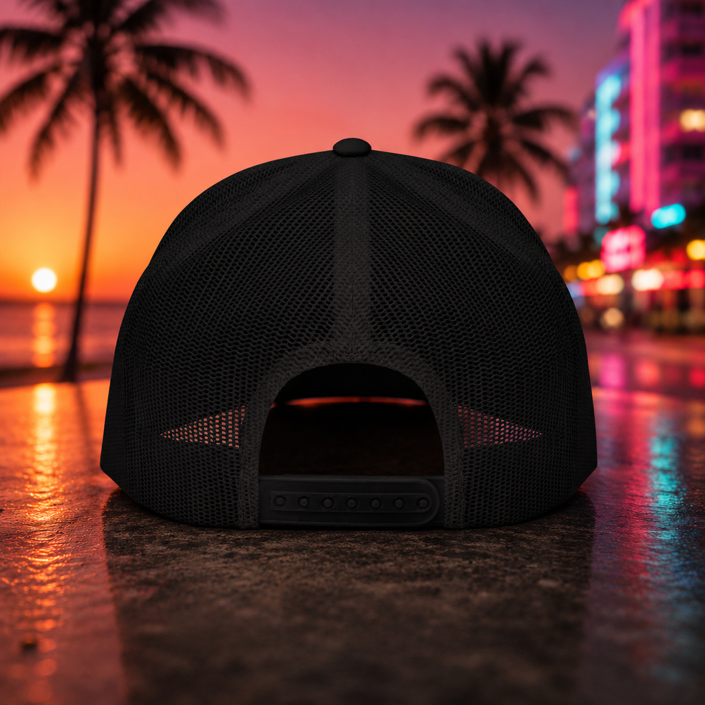 Retro Sunset Trucker Cap — "Cigarverse" Tropical Beach Logo