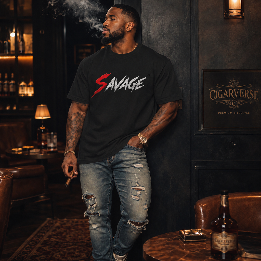 Savage Graphic Tee — Bold Red & White Brushstroke Logo T-Shirt