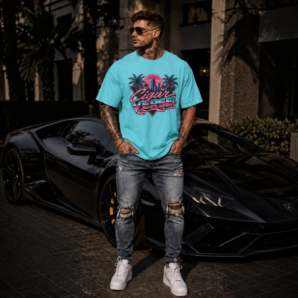 CIGARVERSE Retro Miami Tee — Neon Palm Beach Sunset T-Shirt
