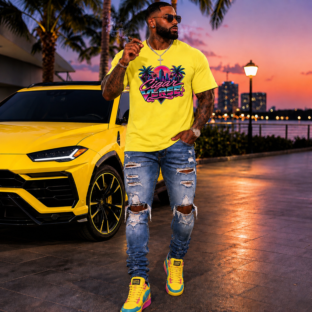 CIGARVERSE Retro Miami Tee — Neon Palm Beach Sunset T-Shirt