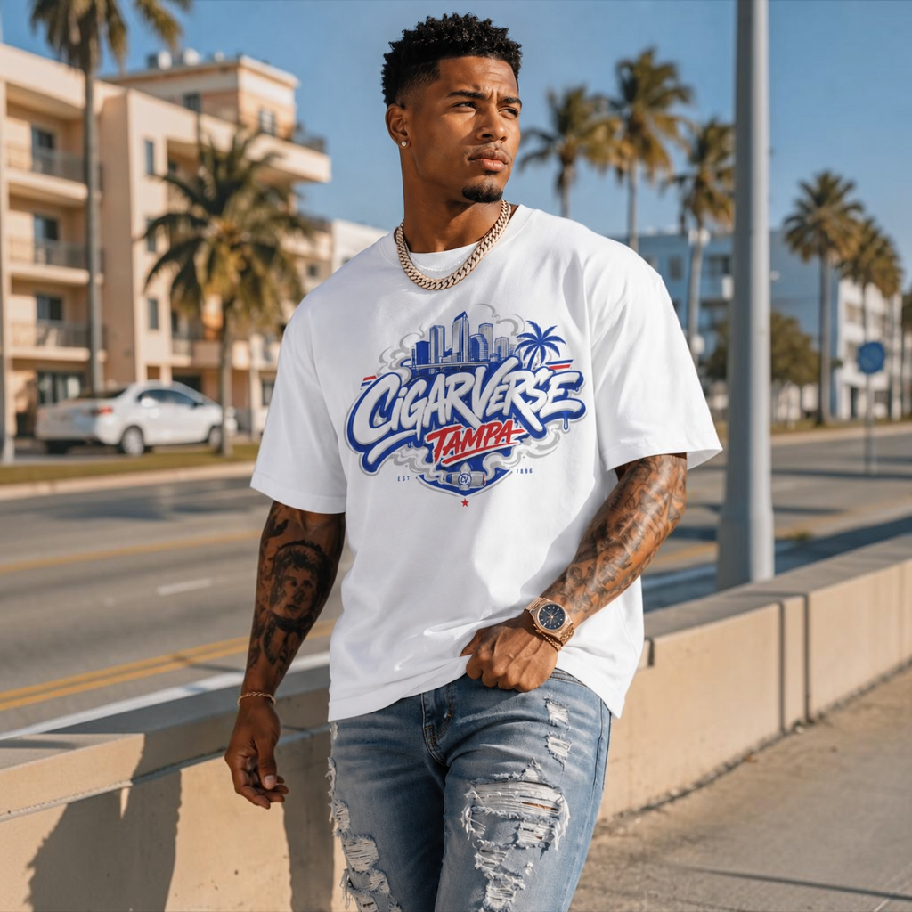 CIGARVERSE Tampa Graphic Tee — Retro Skyline & Palm Tree Logo