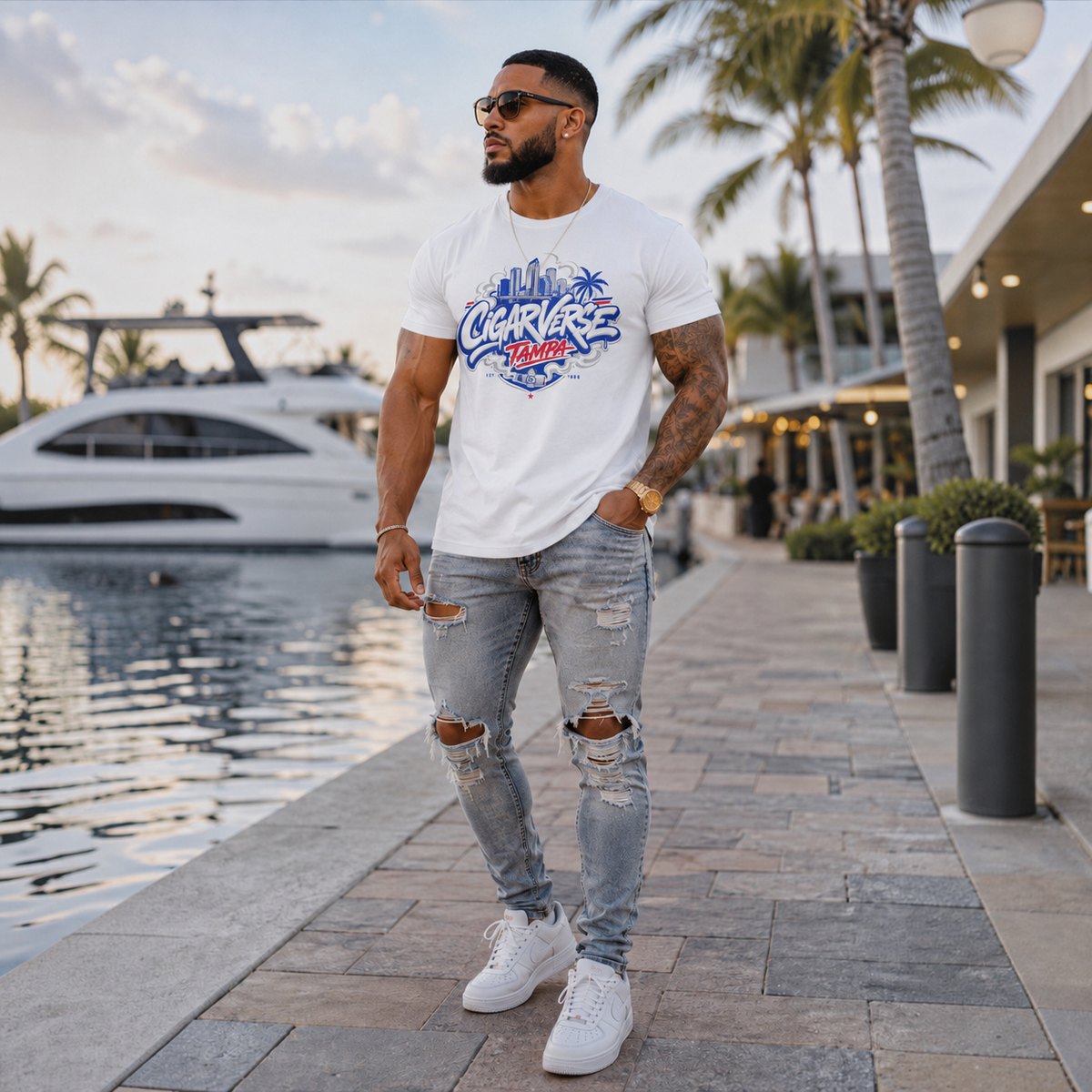 CIGARVERSE Tampa Graphic Tee — Retro Skyline & Palm Tree Logo