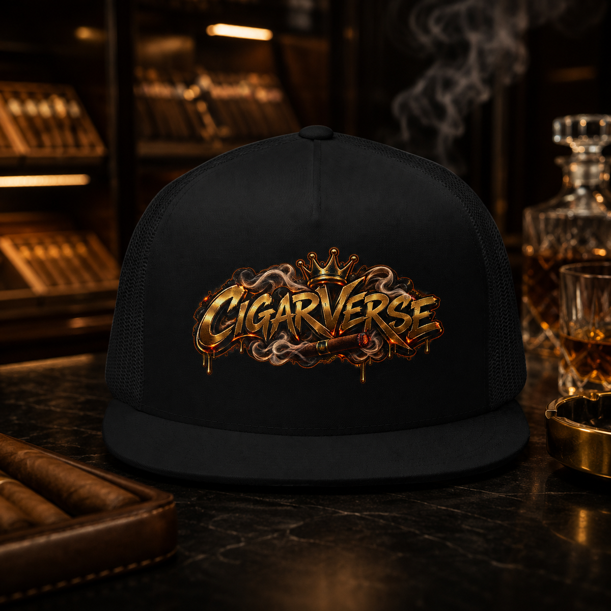 CIGARVERSE Trucker Cap — Gold Crown Streetwear Mesh Hat