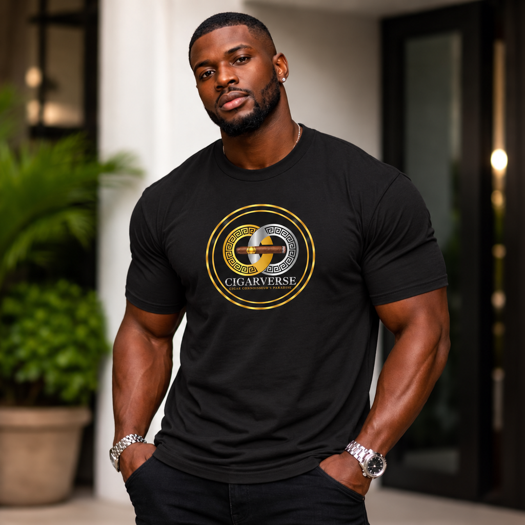 CIGARVERSE Icon Logo Tee — Vintage Gold Emblem Cigar Lover T‑Shirt