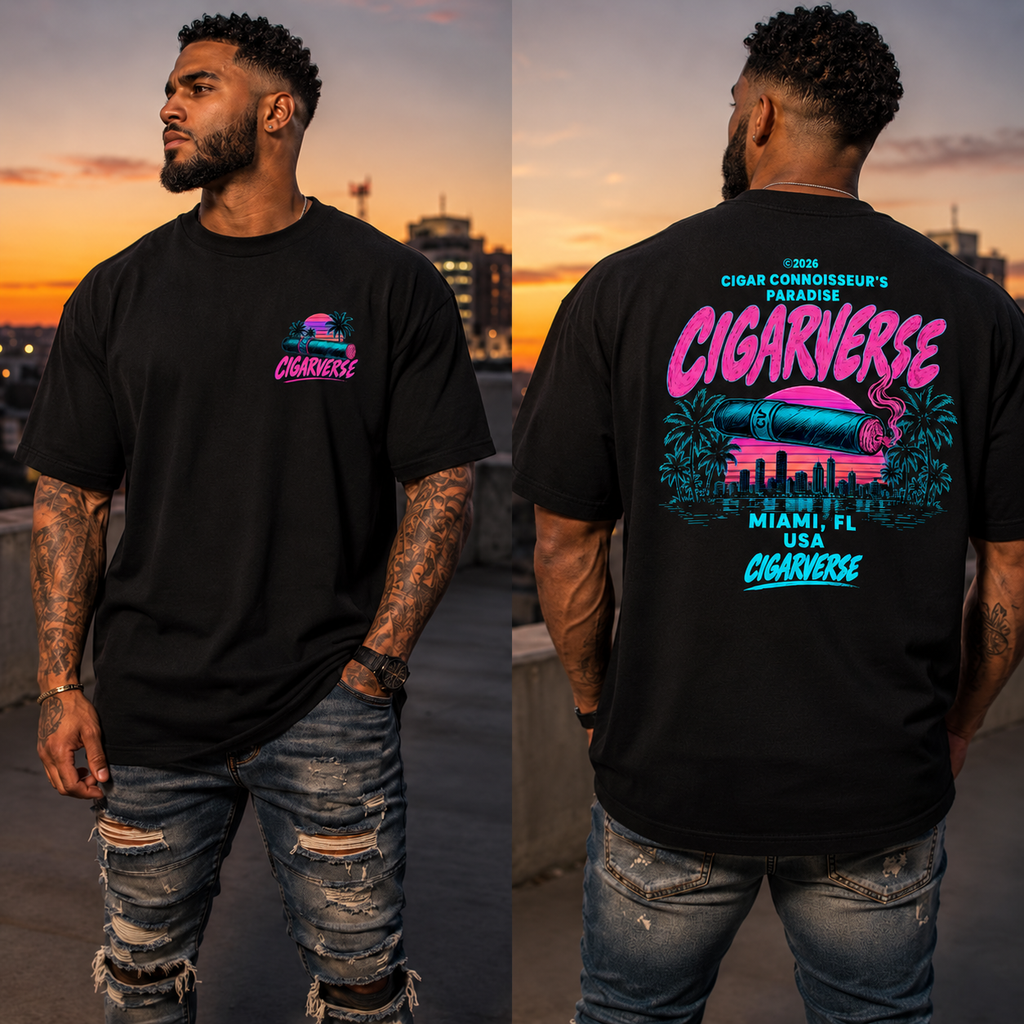 Cigariverse Miami Retro Tee — Neon Palm Coast Cigar Lounge Shirt