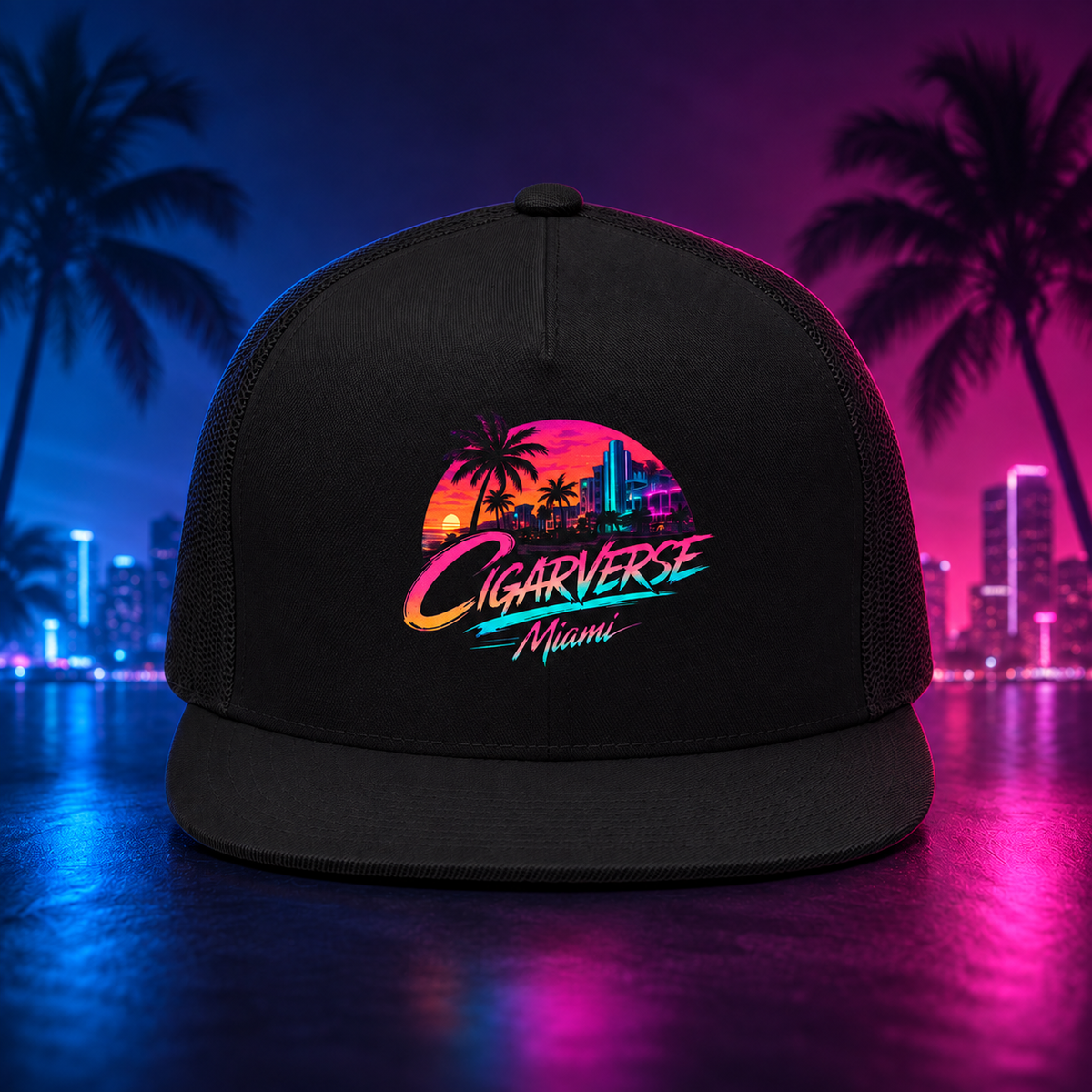 Retro Miami Trucker Cap — "Cigarverse Miami" Sunset Design