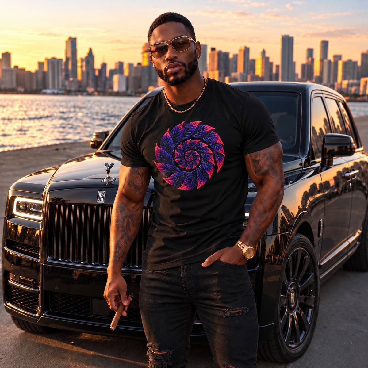Spiral Tobacco Leaf Mandala T‑Shirt — Neon Pink & Purple Psychedelic Art Tee