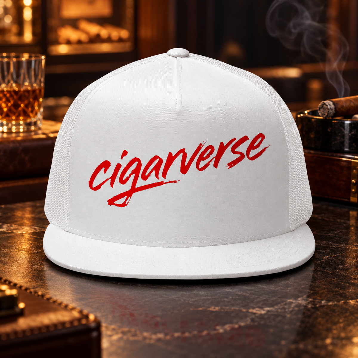 Cigarverse Trucker Cap — Retro Script Mesh 5-Panel Hat